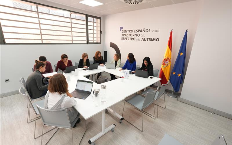 Grupo de personas sentadas alrededor de una mesa. En la pared blanca de detrás se lee Centro Español sobre trastorno del espectro del autismo
